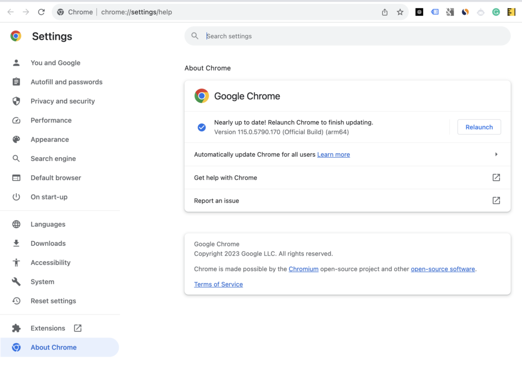 Google Chrome Update option to fix Chrome fix