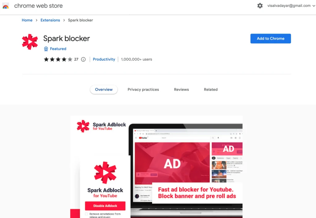 Spark blocker YouTube AdBlocker Chrome Extension